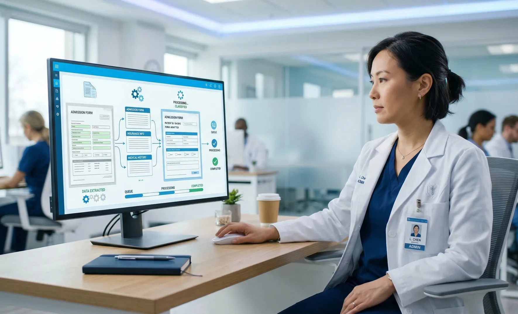 Healthcare administrator reviewing an AI system automatically processing and classifying patient admission forms and medical documents.