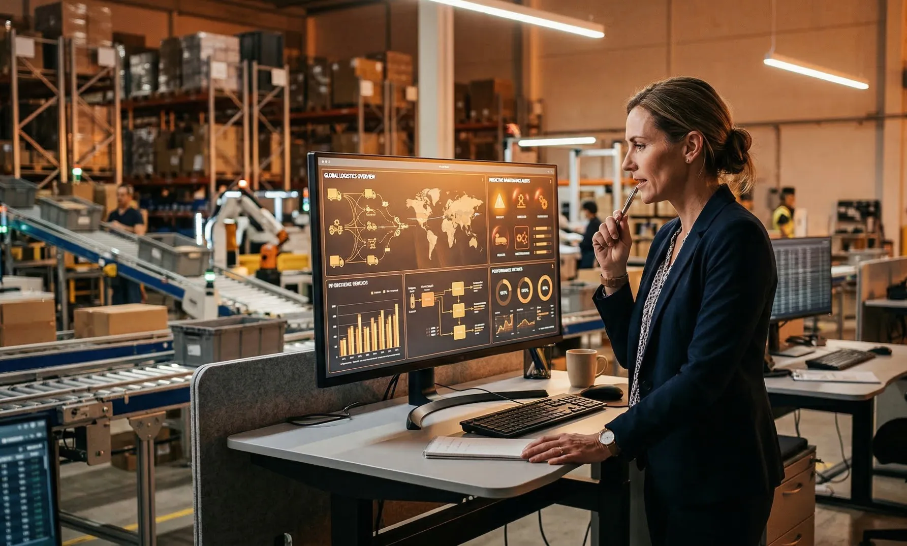 Logistics manager reviewing an AI-powered supply chain automation dashboard with predictive maintenance alerts in a warehouse.