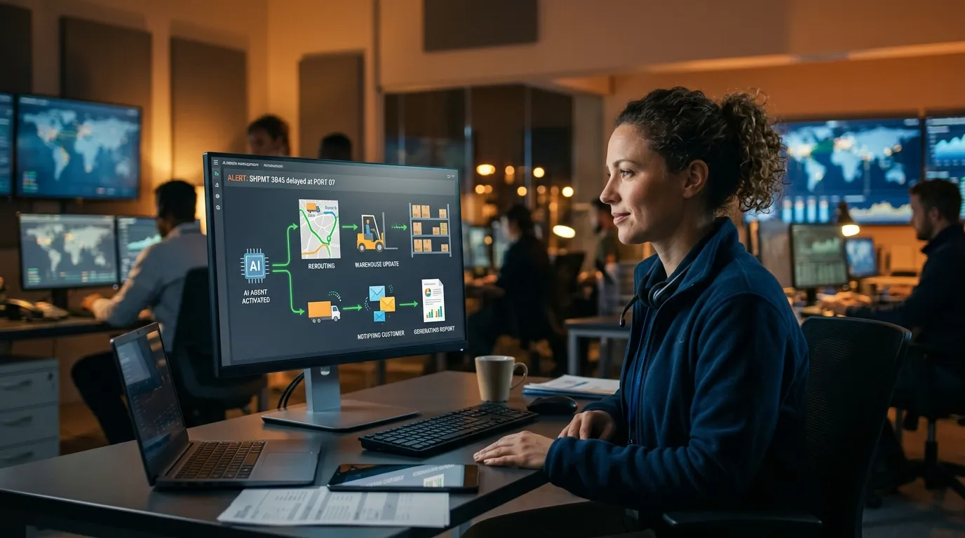 Logistics coordinator monitoring an AI agent autonomously rerouting a shipment, updating the warehouse and notifying the customer in real time.