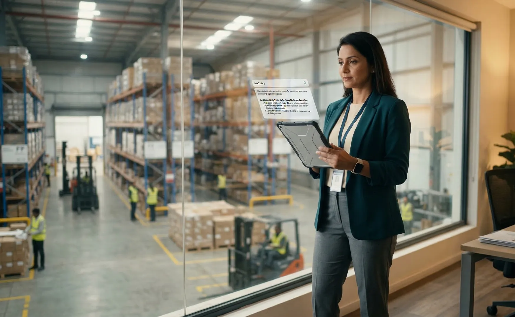 Operations manager standing in a logistics office holding a tablet with an AI policy assistant, warehouse floor visible through glass behind her — RAG knowledge AI for logistics by NovumLogic.