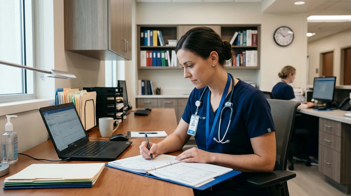 Healthcare professional using digital systems to manage patient data and clinical workflows