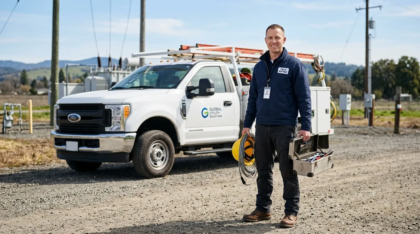 Field service technician with tools standing beside a utility vehicle in an operational environment