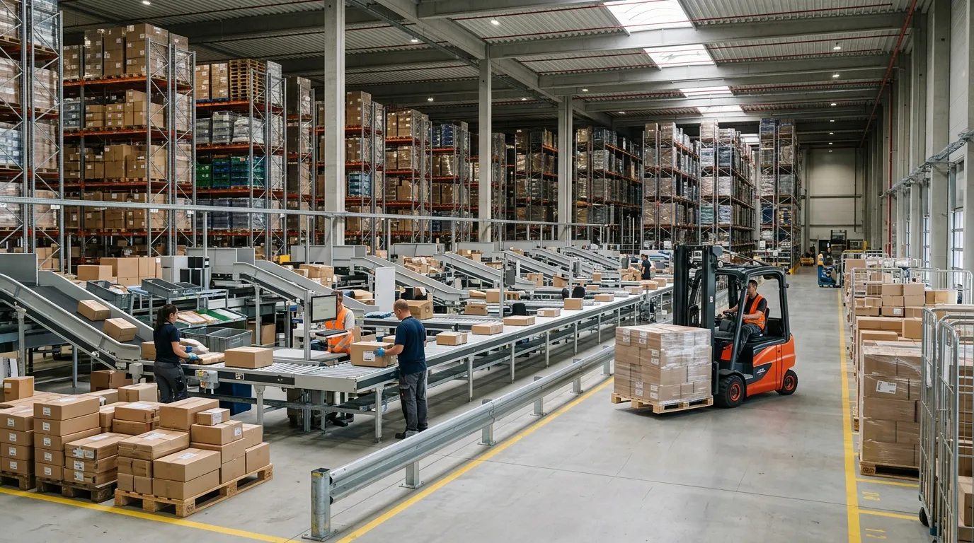 Warehouse operations with automated workflows, inventory management, and logistics processes in action