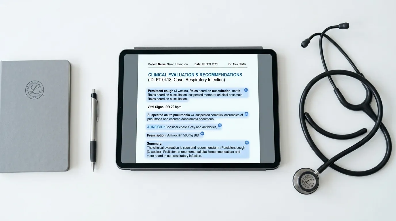 AI-analyzed clinical evaluation document on a tablet beside a stethoscope on a clean desk.