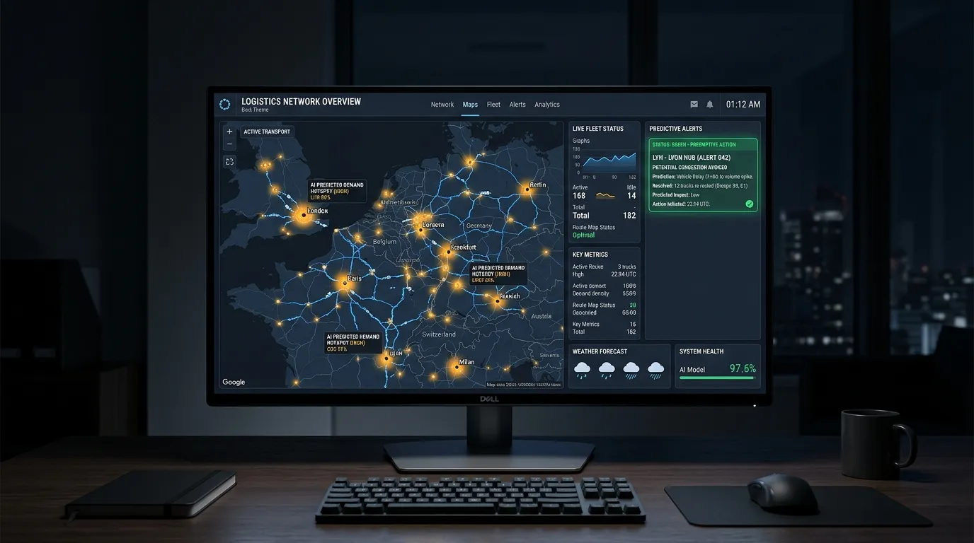 AI-powered logistics network dashboard showing predicted demand hotspots across a live route map.