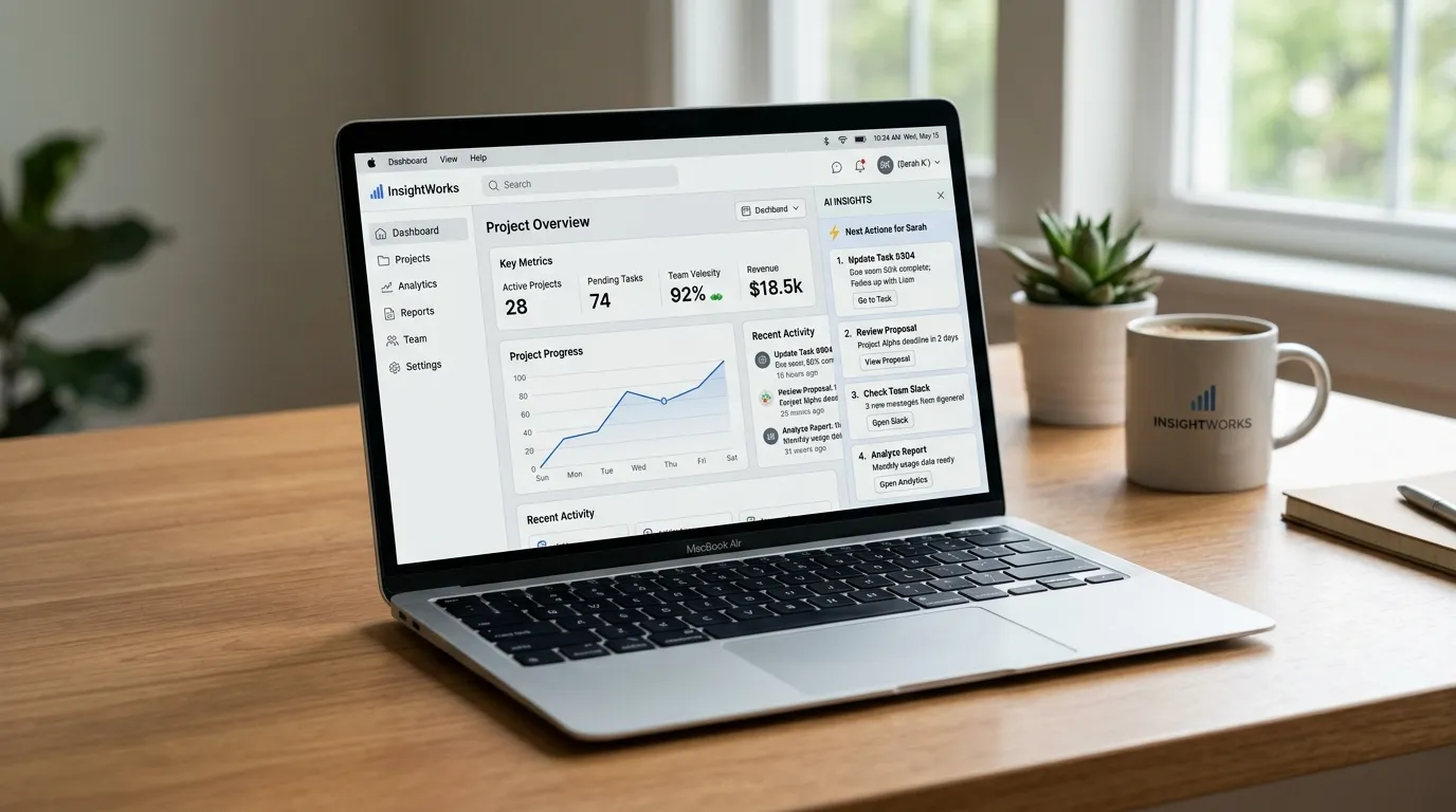 AI insights panel inside a SaaS project dashboard on a MacBook on a clean wooden desk.