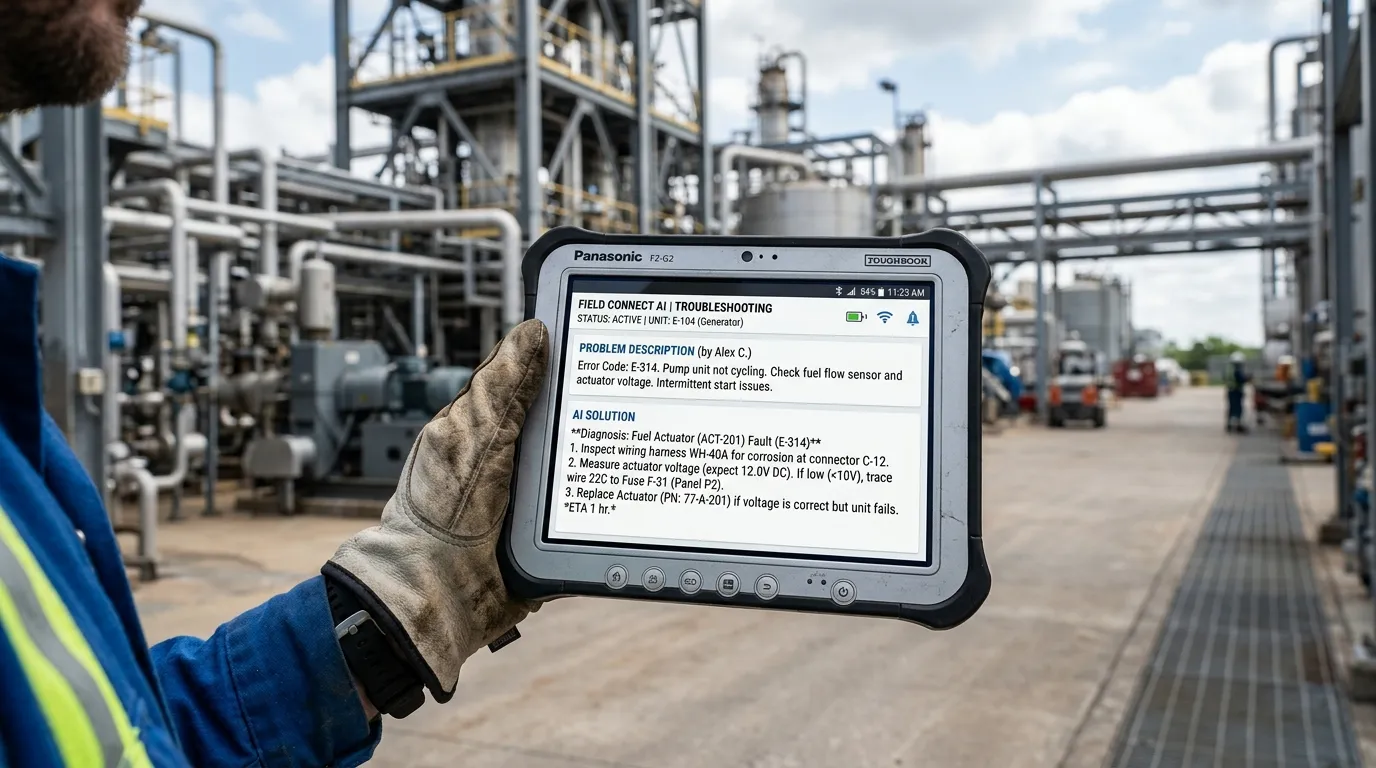 Field technician using an AI troubleshooting assistant on a rugged tablet at an industrial site.