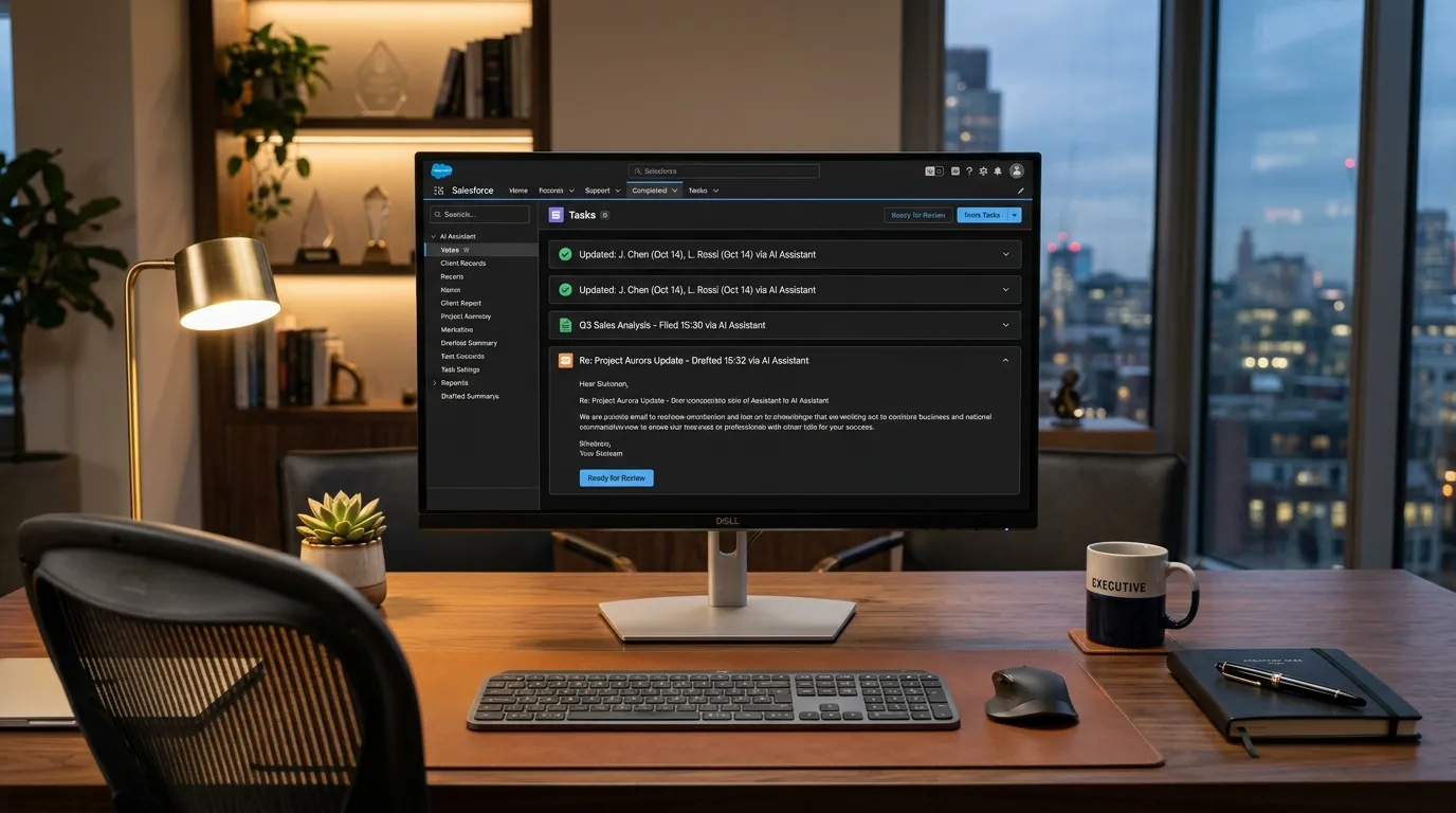 An AI assistant completing CRM updates and reports automatically on an enterprise operations dashboard — representing NovumLogic's MCP server development for enterprise operations.