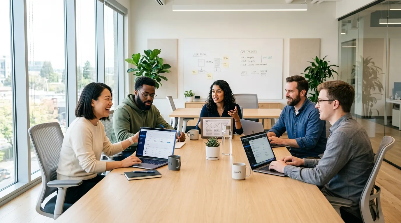 SaaS team collaborating on product development with data-driven decision making
