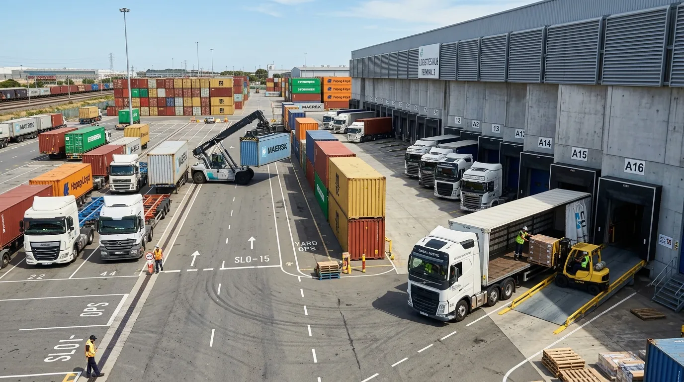 Logistics operations with trucks and containers showing structured supply chain flow