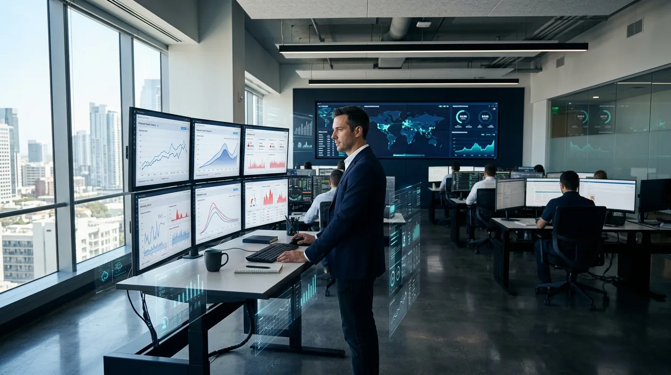 Data analyst reviewing predictive analytics dashboards across multiple monitors with live forecast charts and trend models