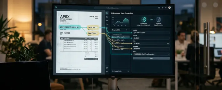 AI document processing interface automatically extracting key invoice data into a structured pipeline in real time.