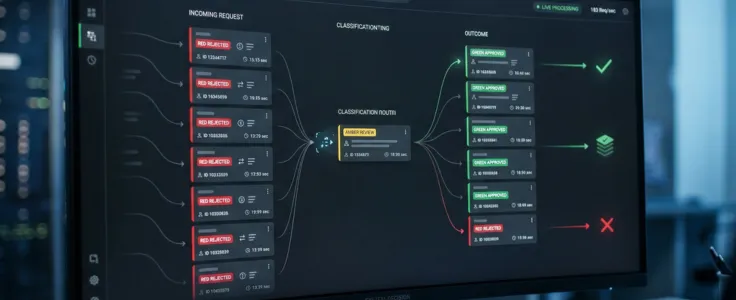 AI decision system automatically classifying and routing incoming requests into approved, review and rejected outcomes in real time.