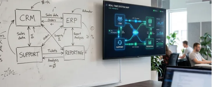 Whiteboard system map next to a live real-time automation dashboard showing CRM, ERP, support and reporting all connected and running