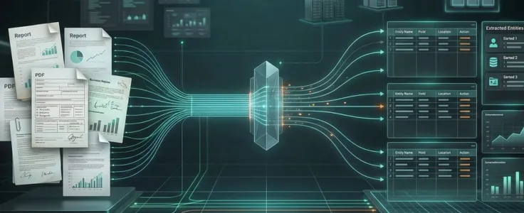 Stacked PDFs, reports, and business documents processed through an AI system and transformed into structured extracted data tables — AI document intelligence by NovumLogic.