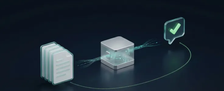 Documents flowing into an AI processing unit and returning a verified answer, visual representation of a RAG retrieval and generation pipeline by NovumLogic.