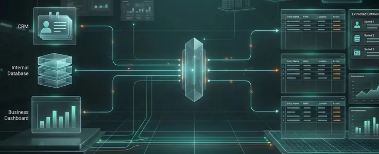 CRM, internal database, and business dashboard connected to a central AI knowledge system outputting extracted and organized enterprise data — Knowledge AI integration by NovumLogic.