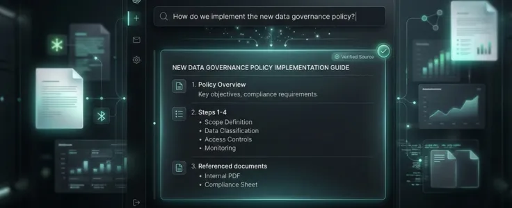 AI knowledge assistant interface showing a verified sourced answer to a data governance policy question, with referenced internal documents listed — enterprise RAG assistant by NovumLogic.
