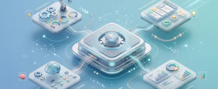 AI-powered product features including automation, recommendations, and analytics connected to a central system