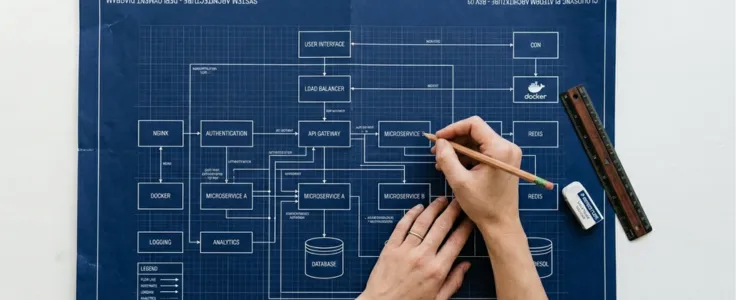 Hands reviewing a detailed system architecture blueprint with a pencil and ruler on a white desk.
