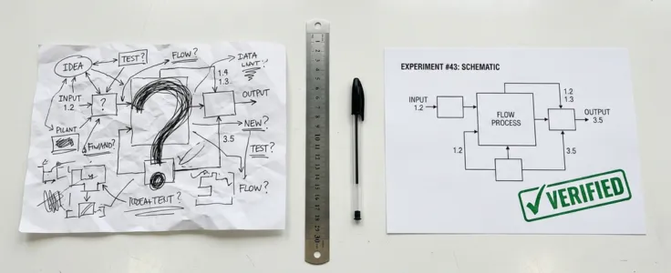 Messy AI concept sketch beside a clean verified system schematic on a white desk