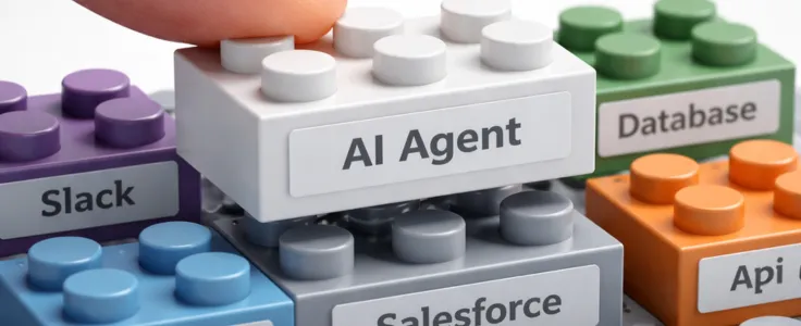 An AI Agent Lego brick snapping into place alongside Slack, Salesforce, database and API bricks — representing NovumLogic's AI tool integration connecting AI agents to existing business tools.