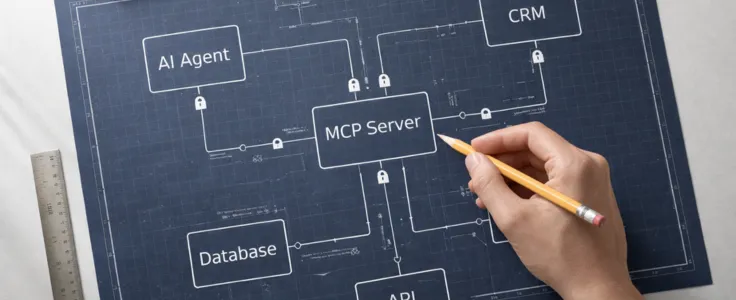 A technical blueprint showing MCP server architecture connecting an AI agent to enterprise systems including CRM, database and APIs — representing NovumLogic's MCP server architecture design service.