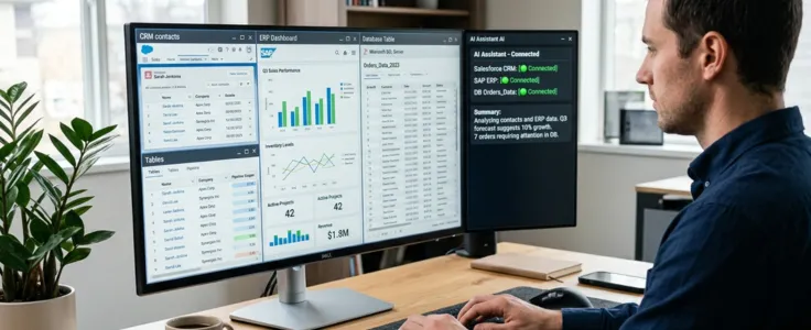 A monitor showing CRM, ERP and database panels with an AI assistant connected to all enterprise systems — representing NovumLogic's enterprise system integration service.