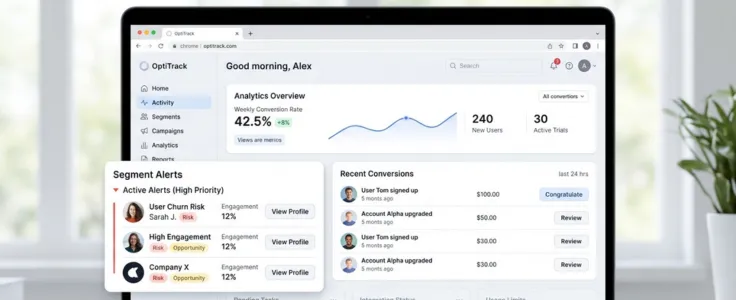 OptiTrack dashboard showing segment alerts, conversion rates, and user activity metrics on a MacBook Pro