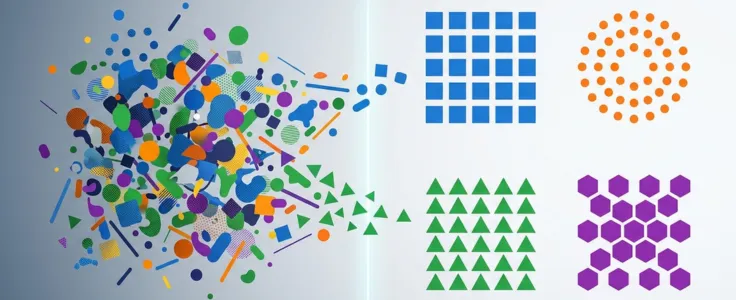 Colorful mixed shapes on the left being sorted into four distinct groups of blue squares, orange circles, green triangles, and purple hexagons