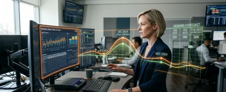 Data analyst reviewing demand forecast charts with projected figures on dual monitors