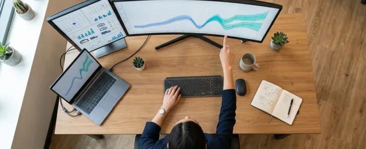 Analyst pointing at demand forecast curves on a curved widescreen monitor showing time-series prediction models