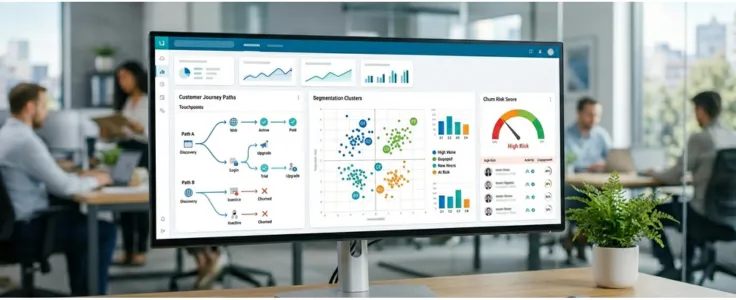 Customer behavior prediction dashboard showing journey paths, segmentation clusters, and churn risk scores on an office monitor