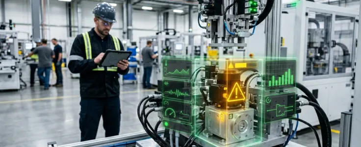 Factory engineer reviewing predictive maintenance alerts on a tablet with real-time sensor health overlays on industrial equipment