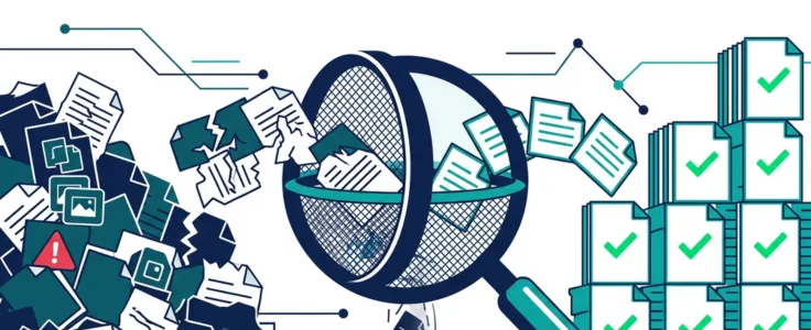 Data cleaning illustration showing error-flagged files filtered through a magnifying glass into validated, structured records