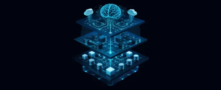 Layered cloud infrastructure where data flows from storage and processing systems into a central AI system through connected pipelines.