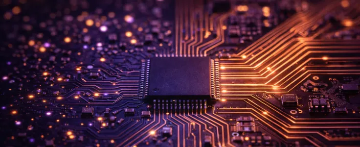Circuit board processing raw data signals through a central chip, transforming scattered inputs into clean, structured outputs for reliable data flow and machine learning systems