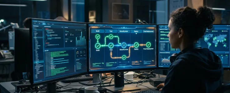 Engineer monitoring an automated CI/CD pipeline on multiple screens, with stages completing and green checkmarks displayed in a dimly lit workspace.