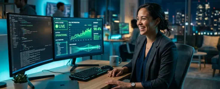 A data scientist smiling at her workstation as an ML model goes live on screen, showing model status live, system operational, and 98.4% accuracy in a modern tech office at night.