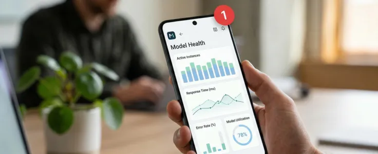 Hand holding a phone displaying a live ML model health dashboard with real-time performance metrics and an alert notification.