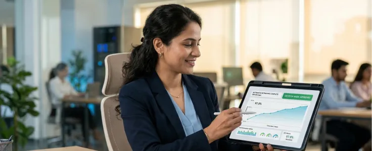 A business professional reviewing an automated model retraining dashboard on a tablet showing 97.8% accuracy and an upward performance trend in a modern office environment.
