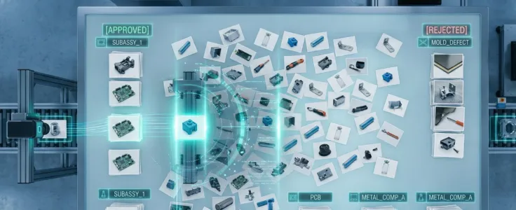 An AI image classification system automatically sorting and labeling manufacturing components into approved and rejected categories in real time.