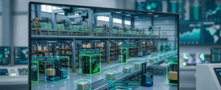 An object detection system tracking and labeling staff, forklifts and packages with real-time AI bounding boxes on a live warehouse monitoring feed.