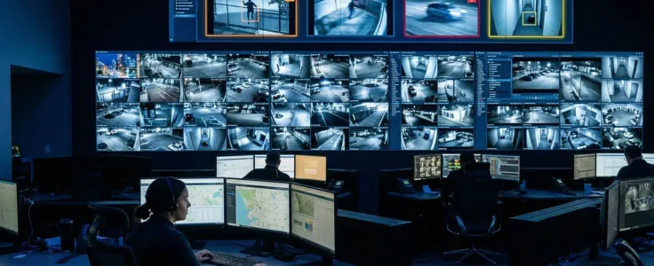 AI video analytics system monitoring a warehouse facility in real time, detecting motion, tracking workers and flagging unusual activity in restricted zones automatically.