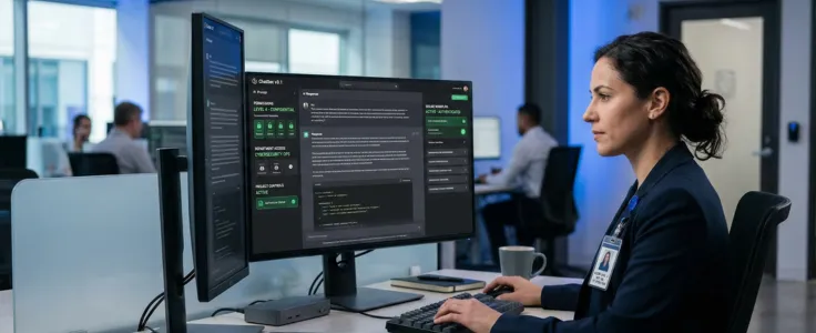 An enterprise employee using a secure permission-aware AI assistant with department access controls and authenticated workflow indicators visible on screen in a corporate environment.