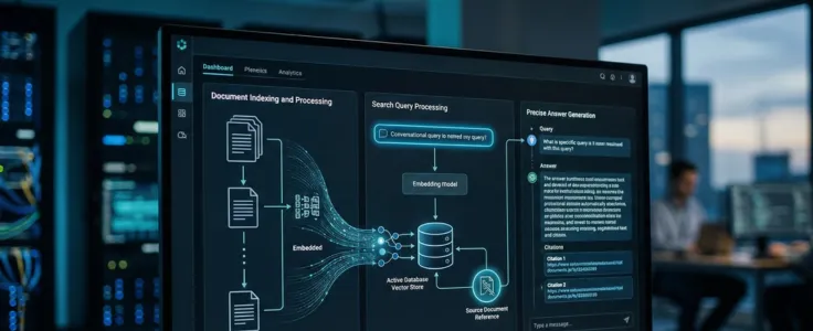 n enterprise RAG system interface showing document indexing, search query processing and precise answer generation with source citations on a monitor in a server room environment..