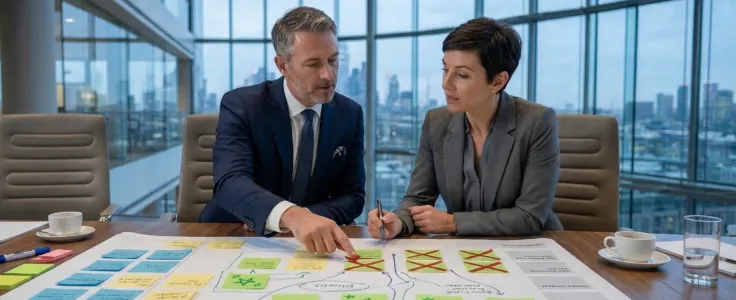 Two C-suite executives reviewing an AI strategy roadmap with use case prioritization, ROI feasibility matrix and pilot planning laid out on a boardroom table overlooking a city skyline.