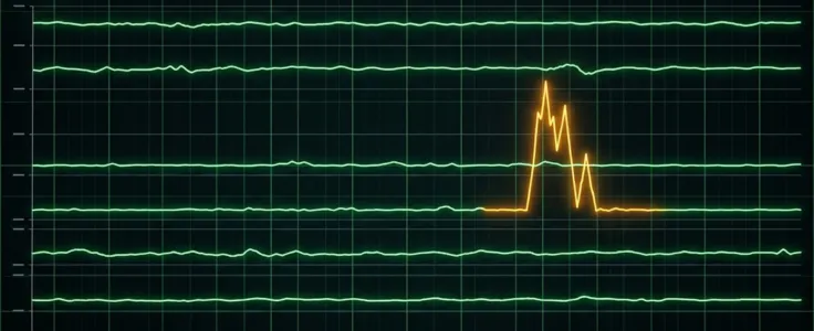 Anomaly detection monitor displaying flat green data streams with a single amber spike flagging an outlier risk event