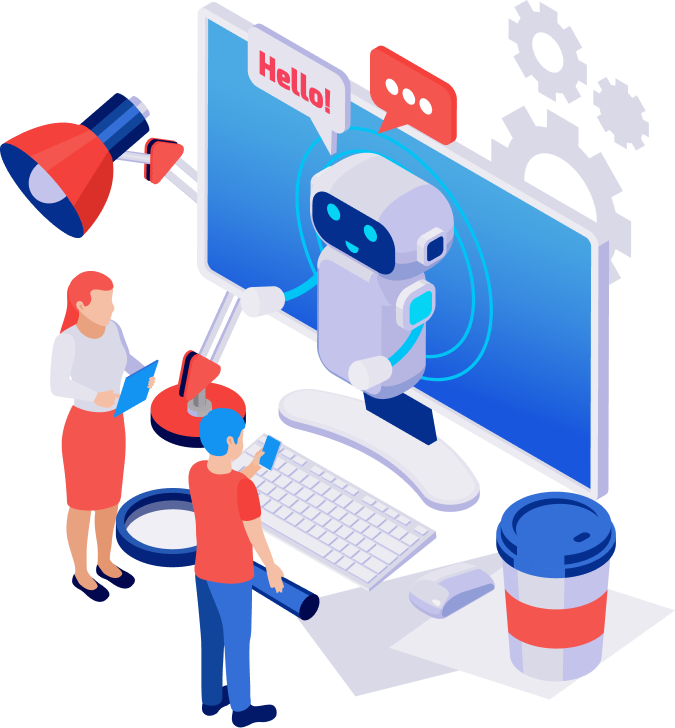 Two people interacting with a chatbot robot on a large computer monitor displaying speech bubbles and gears, surrounded by office items including a keyboard, mouse, desk lamps, and a coffee cup.