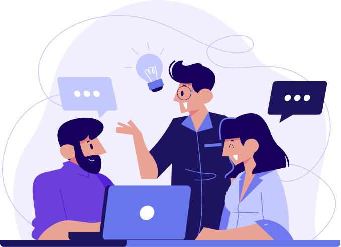 Three people in discussion around a laptop with speech bubbles and a light bulb symbolizing ideas.